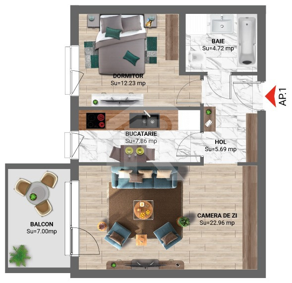 Apartament 2 camere – Greenfield Băneasa, 60,3 m², bloc 2023